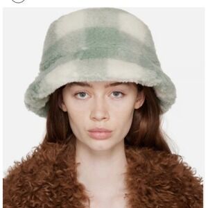 STAND STUDIO NWT Wera Faux Fur Check Bucket Hat Mint Off White Size S